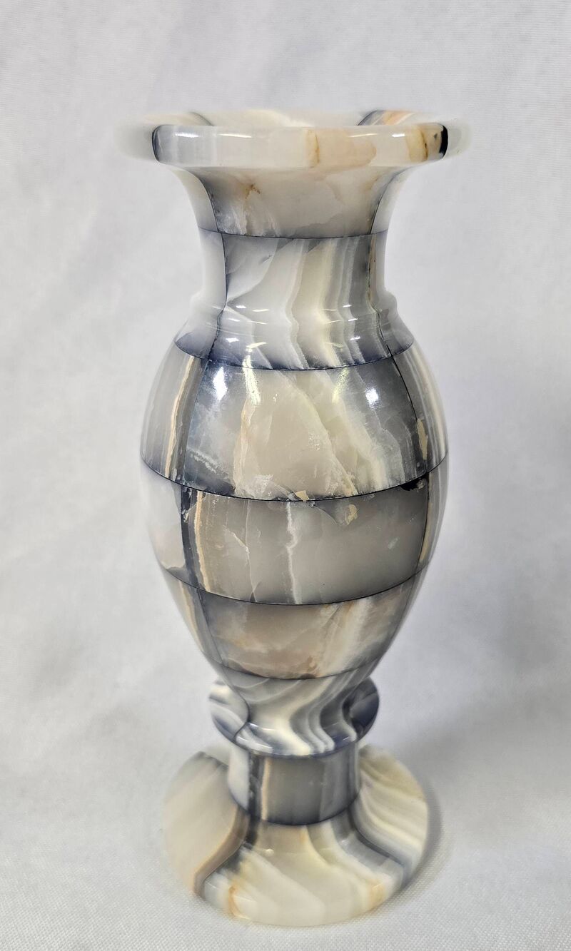 Vintage Patchwork Onyx Marble Tulip Vase – Black, Gray, & Cream - Picture 6 of 10